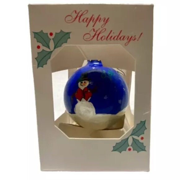 Snowman Christmas Tree Ornament Happy Holidays Seasonal Decor Blue White 2.5” - Picture 1 of 16